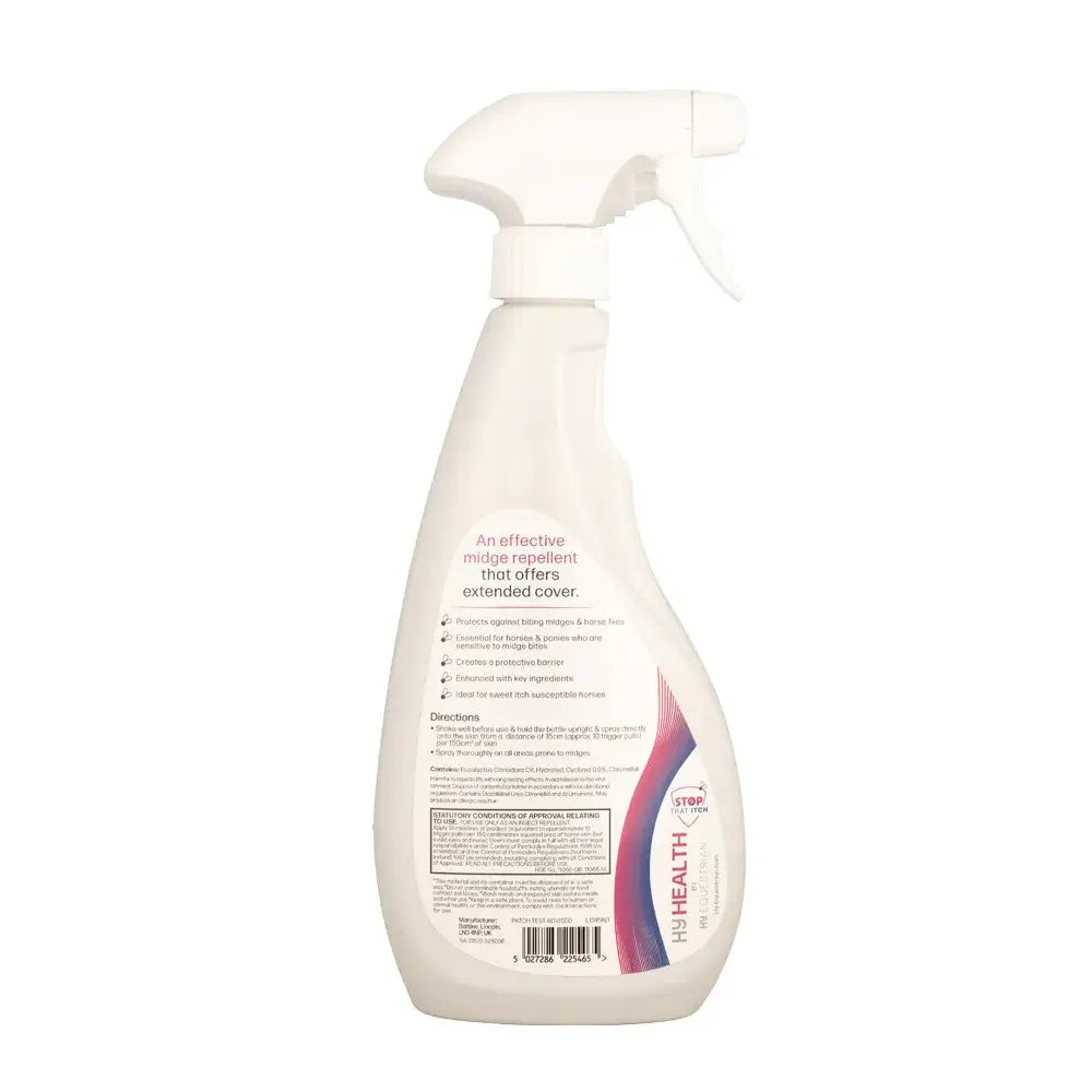 White plastic fly shield spray bottle with hyhealth stop label and purple pink stripes as an effective midge repellent