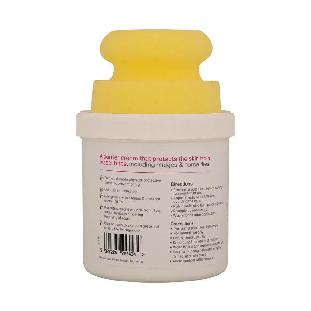 Yellow and white protective barrier cream container with circular sponge and yellow lid from hyhealth stop that itch