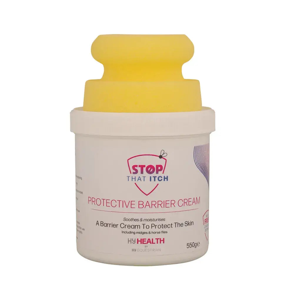 White tub with bright yellow ergonomic lid containing hy health stop that itch protective barrier cream with circular sponge