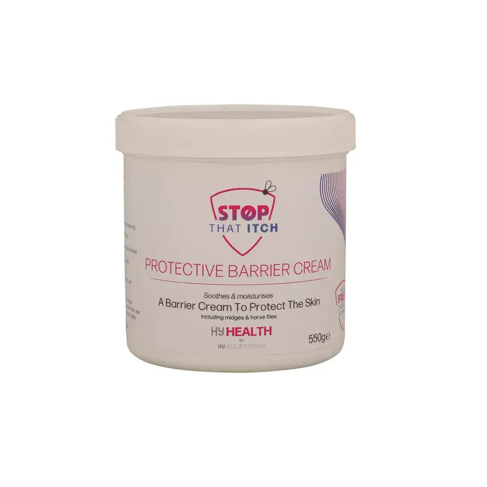 White plastic tub of hy health stop that itch protective barrier cream 550g with circular sponge by hy equestrian