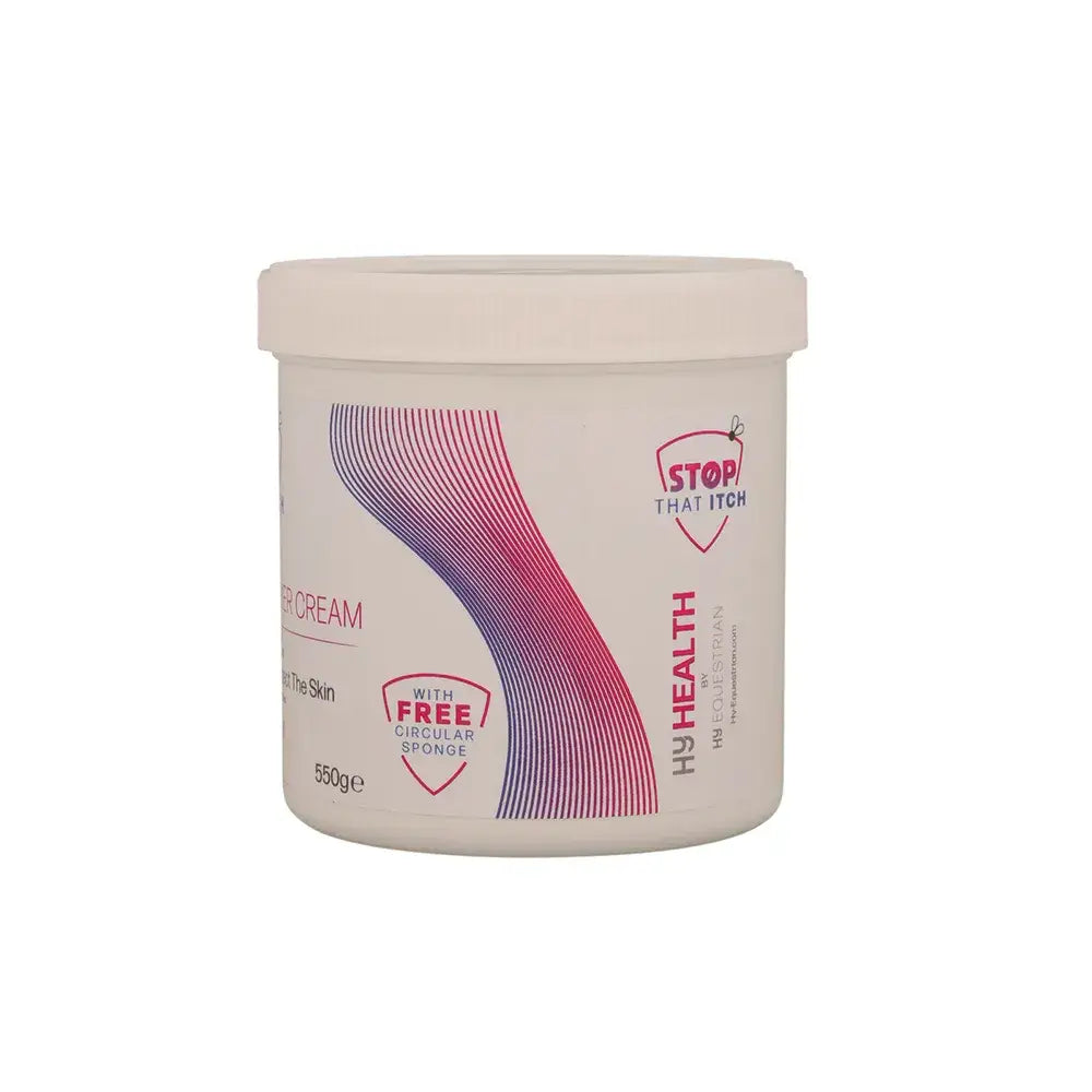 White cylindrical jar of hy health stop that itch protective barrier cream with pink purple design and circular sponge