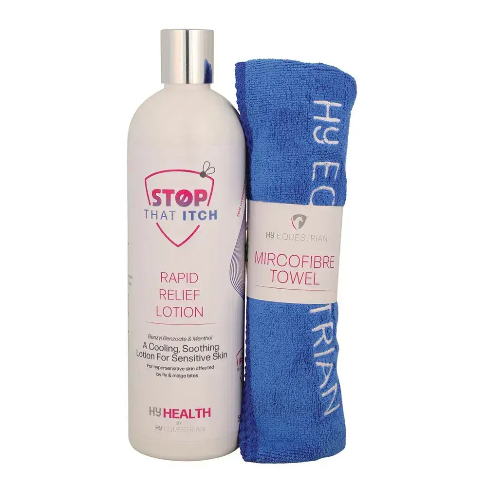 White bottle of hyhealth stop rapid relief lotion with silver cap and pink logo next to blue hy equestrian microfibre towel