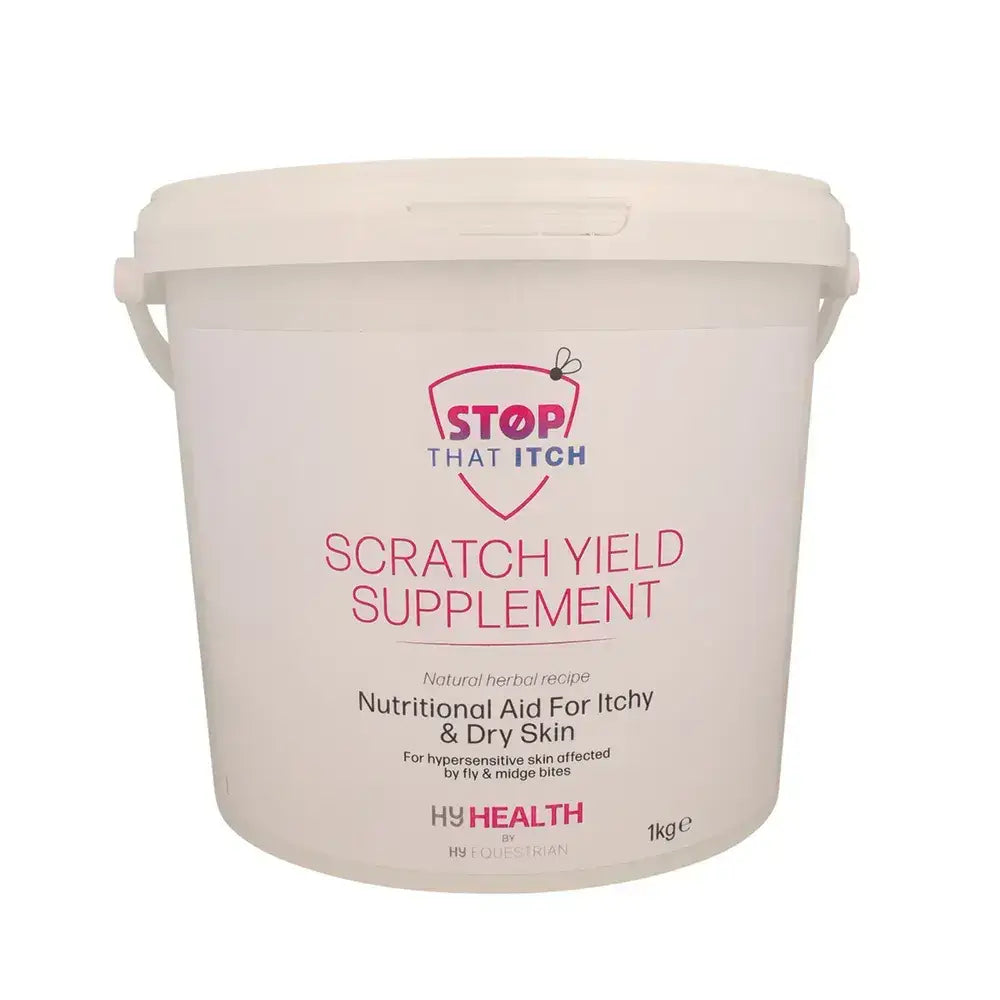 White plastic bucket with lid labeled stop that itch scratch yield supplement by hyhealth for equestrian use