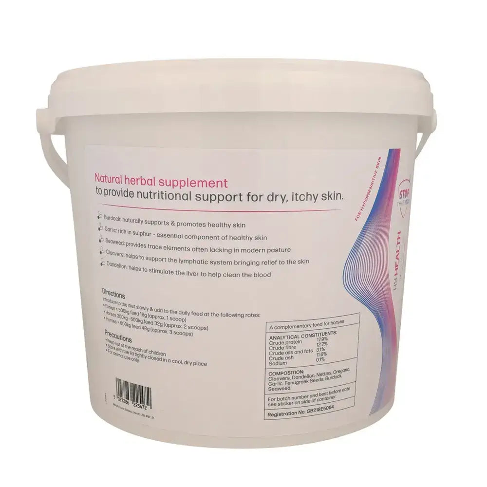 White plastic bucket with lid and handles of hyhealth stop that itch scratch yield supplement for horses by hy equestrian