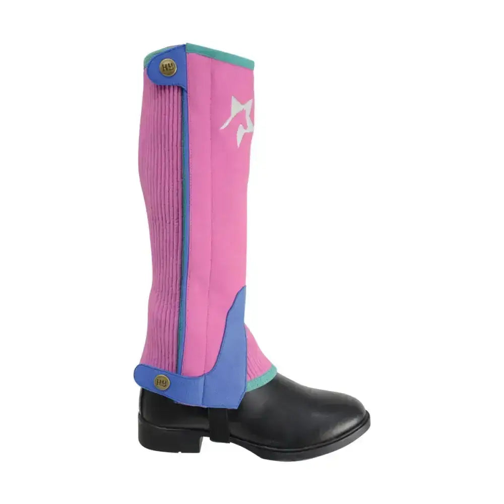 Pink and blue hyland children’s zeddy three tone amara chaps with ribbed side panel and white logo horse riding gaiter