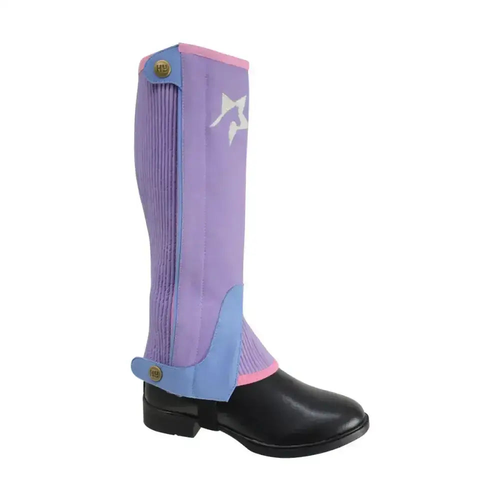 Hyland children’s zeddy purple and light blue three tone amara chaps with pink trim and gold hardware for kids riding