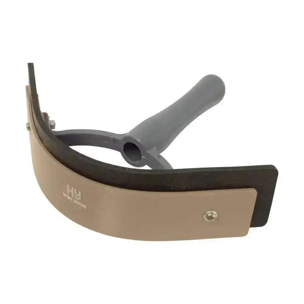 Beige and black two tone sweat scraper with gray ergonomic handle by hyshine active groom for easy grooming