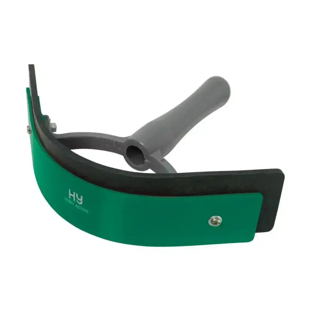 Green and black two tone sweat scraper with gray ergonomic handle and hy logo from hyshine active groom line