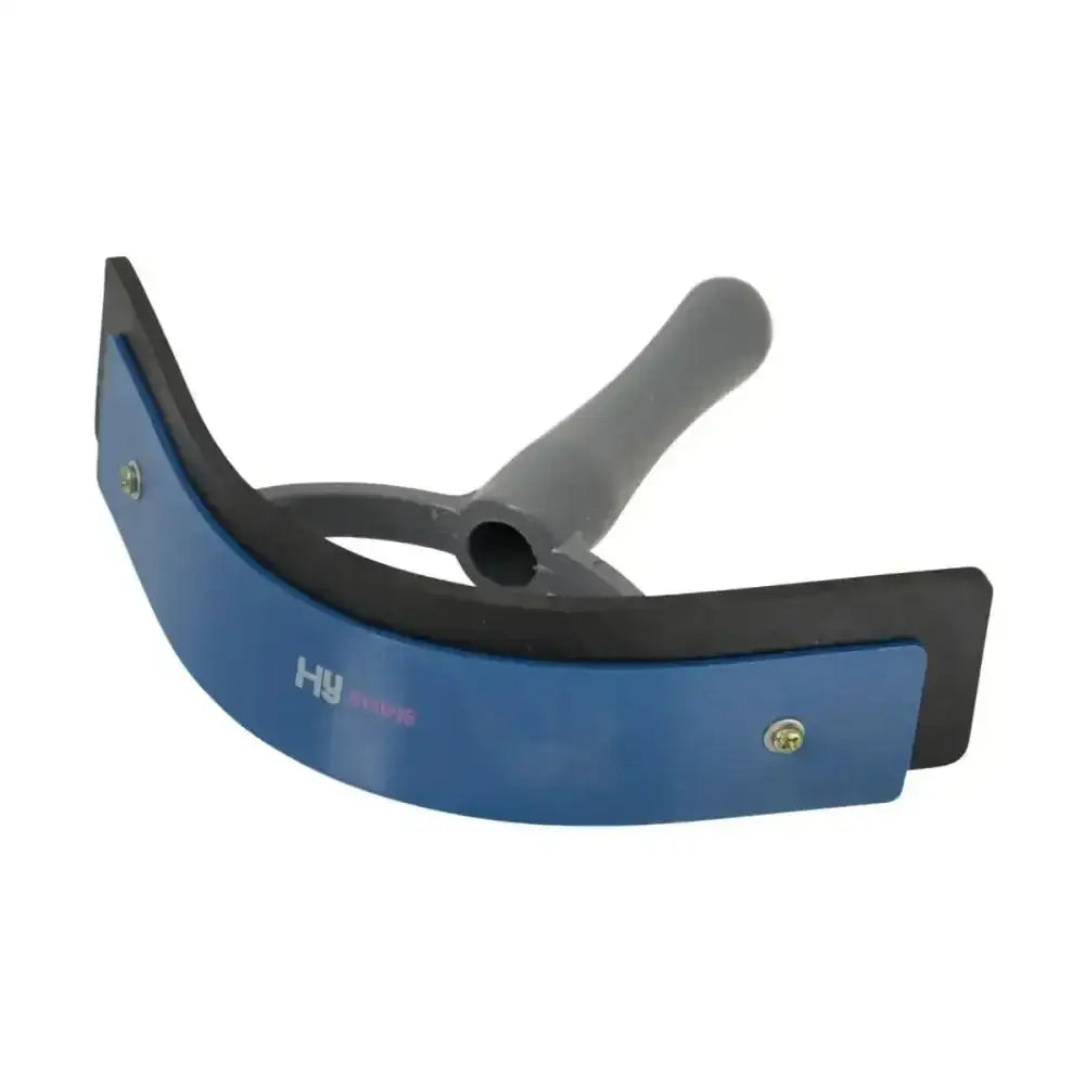 Blue and black two tone sweat scraper with gray handle and hy logo for hyshine active groom soft touch sweat scraper