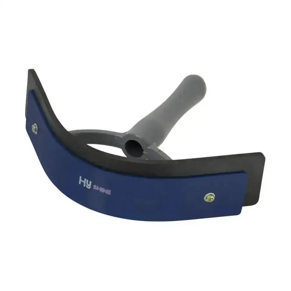Blue and gray curved hyshine active groom two tone sweat scraper with rubber blade and soft touch grip for grooming