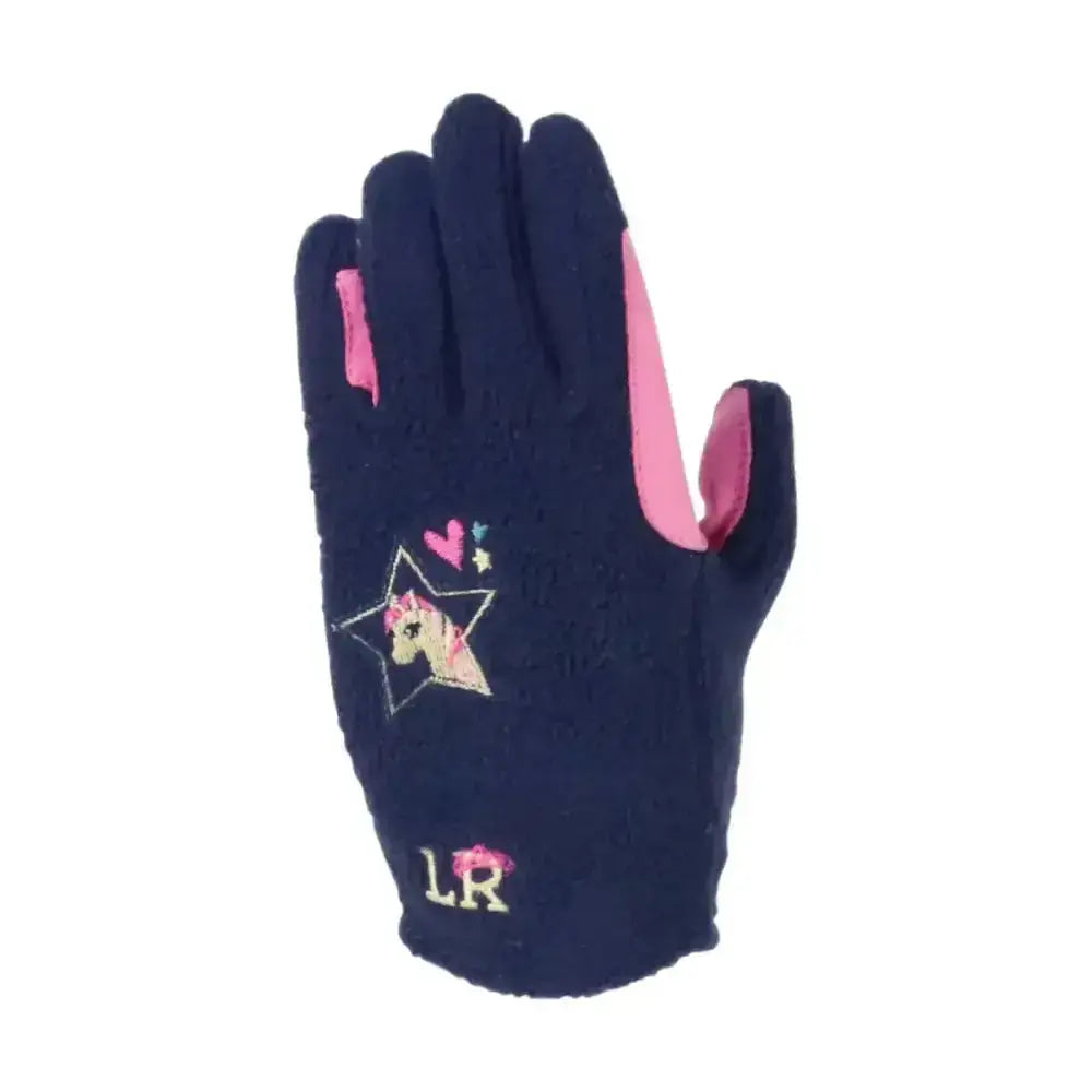Navy blue fleece riding glove with pink accents and star unicorn from i love my pony cosy fleece riding collection by little rider