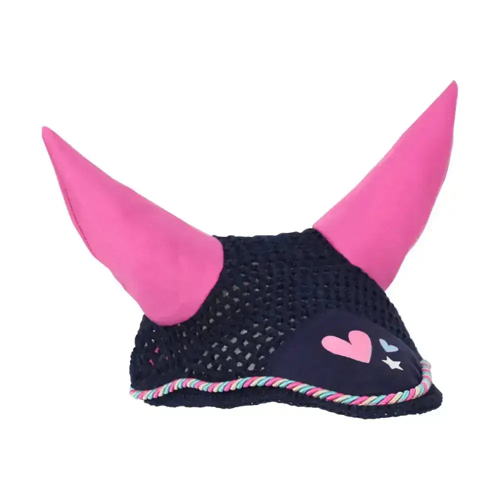 Pink horned equestrian fly veil featuring black mesh and embroidered hearts from little rider pony collection fly