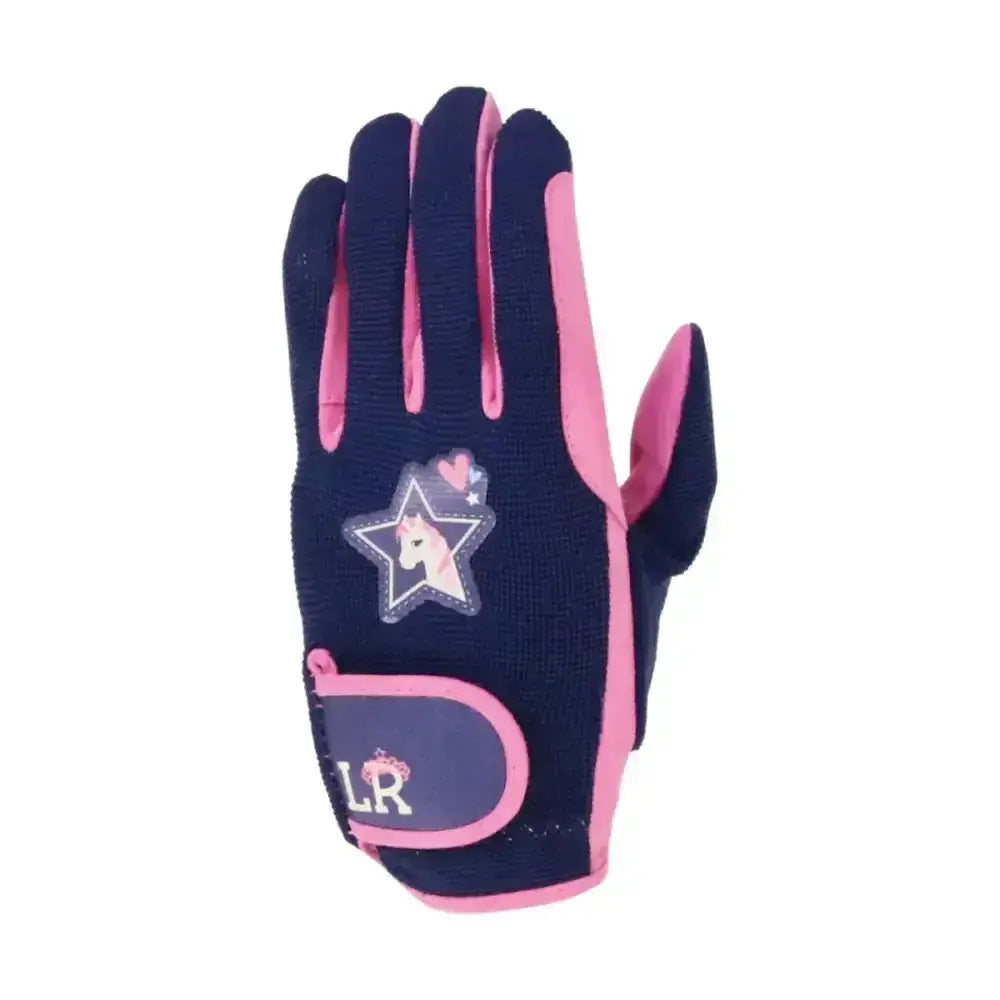Navy blue and pink kids riding glove from i love my pony collection gloves with star unicorn patch and reinforced rein fingers