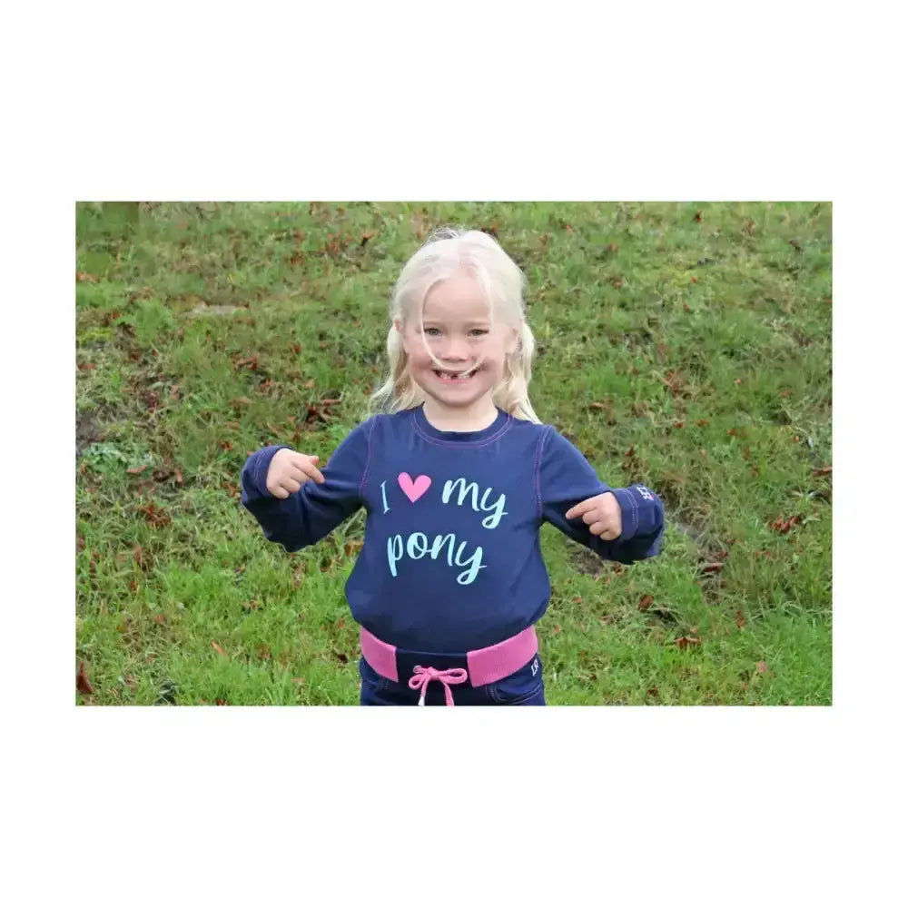 Navy blue pony collection long sleeve sweatshirt with i love my pony printed in white and pink script on the chest