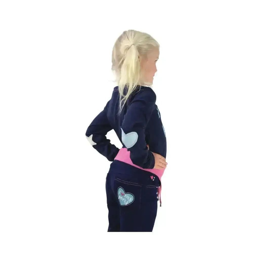 Navy blue pony collection long sleeve sweatshirt with gray heart patches and matching pants with pink waistband shown from back