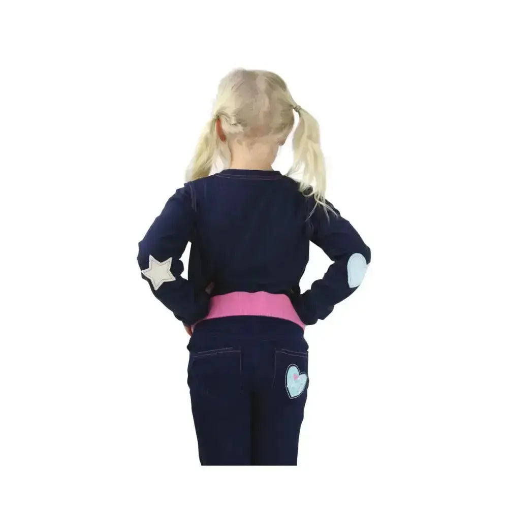Back view of navy blue denim jumpsuit with star and heart patches and pink waistband from i love my pony collection long sleeve t