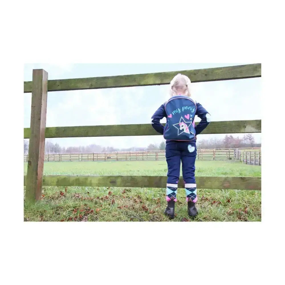 Back of navy blue long sleeve t-shirt from i love my pony collection with star unicorn graphic and my pony text