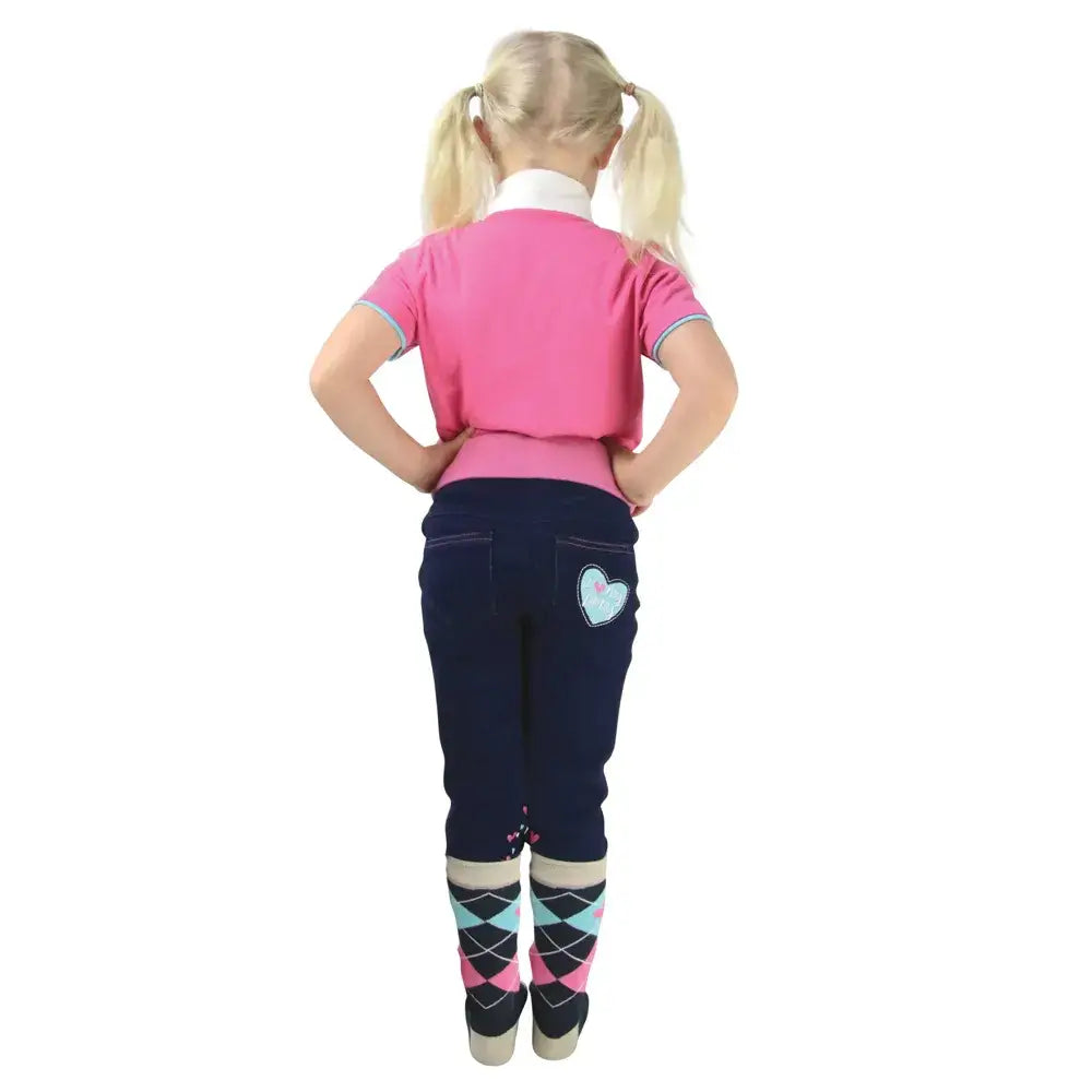 Back side of navy blue denim riding pants with light blue heart patch and argyle cuffs from I love my pony collection
