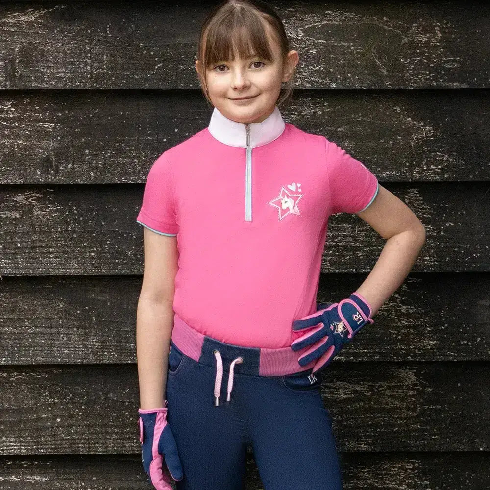 Pink short-sleeved show shirt from i love my pony collection with white stand collar creates a stylish look by little rider