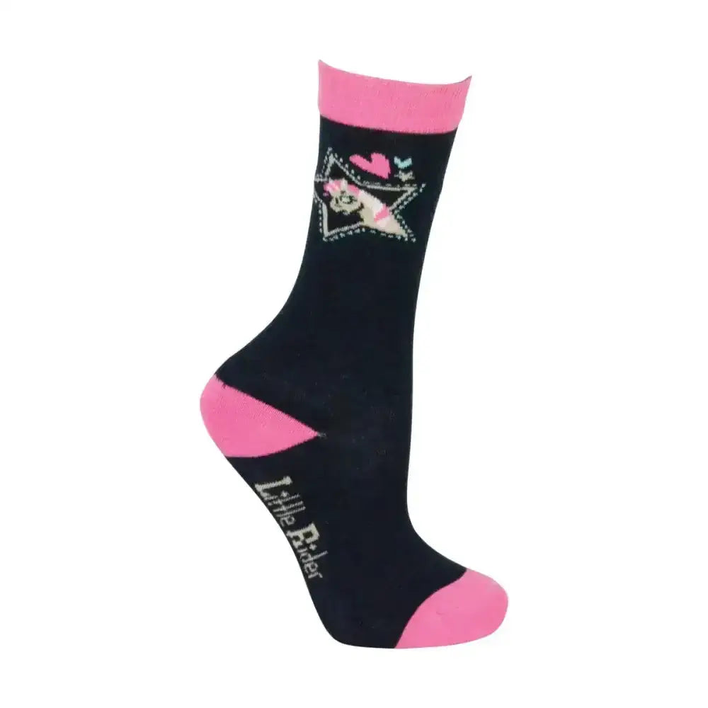 Black sock with pink trim and white star dog design from little rider i love my pony collection socks pack breathable bamboo fabric