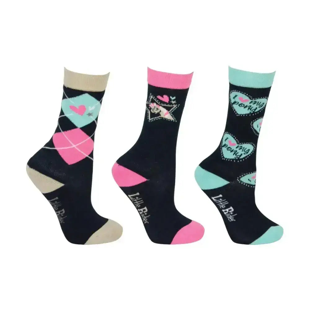Three pairs of black pony collection socks with colorful hearts and stars made from breathable bamboo fabric for rider’s outfit