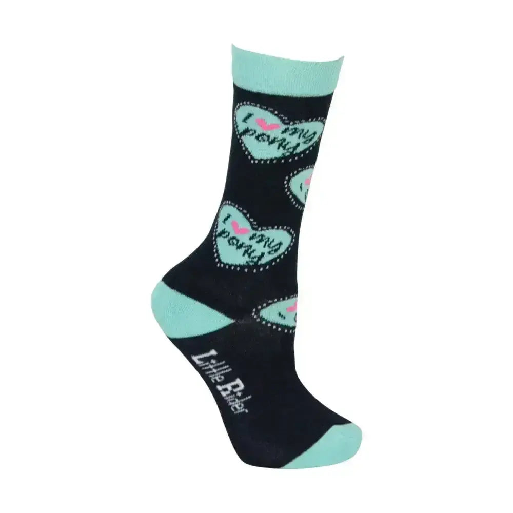 Black cotton pony collection socks with mint green hearts i love my perry text breathable bamboo fabric for rider’s outfit