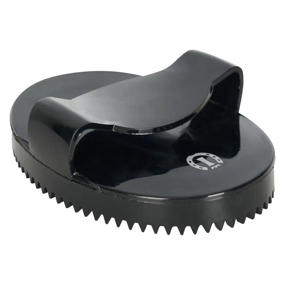 Black glossy plastic horse hoof pick with curved handle and serrated edge for imperial riding curry comb soft use