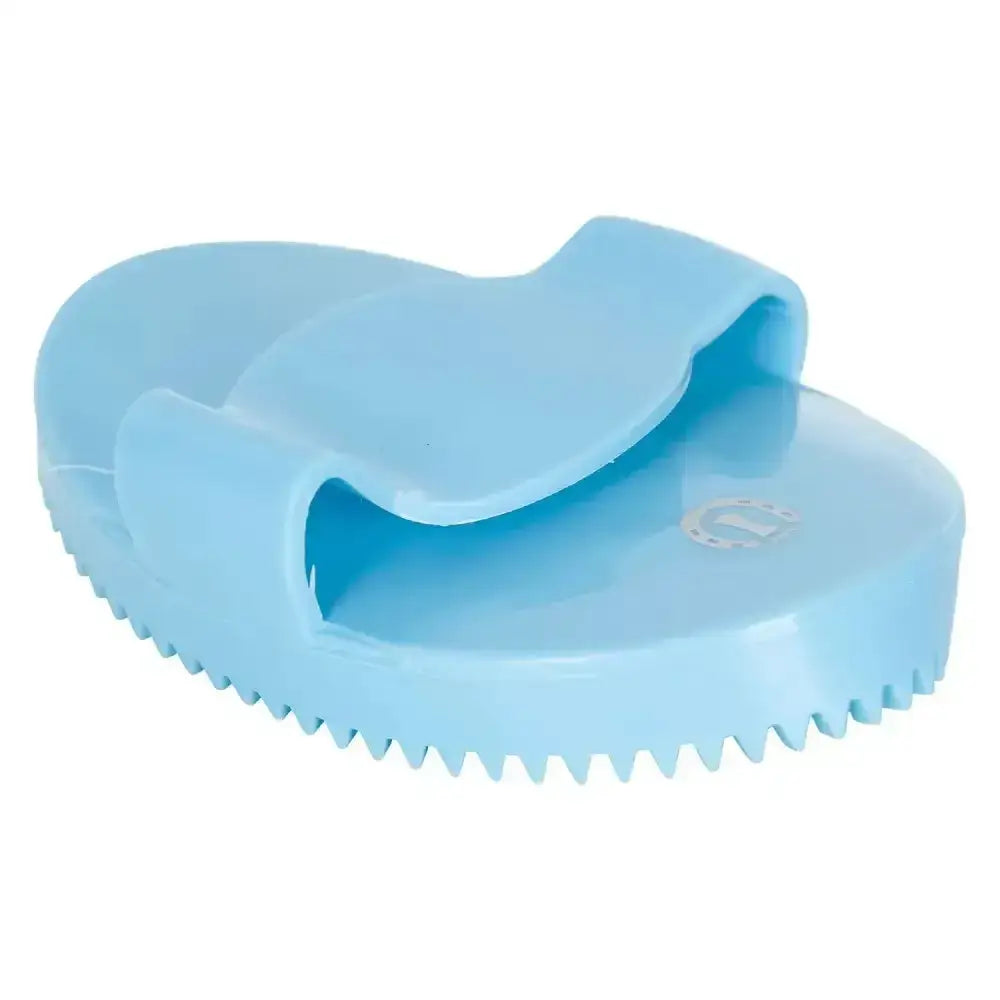 Light blue plastic imperial riding curry comb soft with a rounded design and serrated edge for gentle brushing