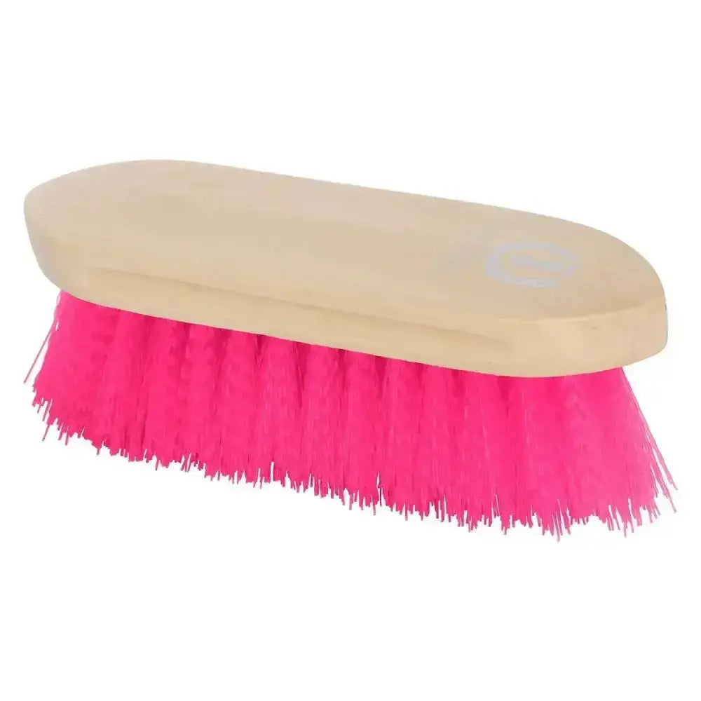 Bright pink imperial riding dandy brush hard with wooden back and light wood handle for grooming horses