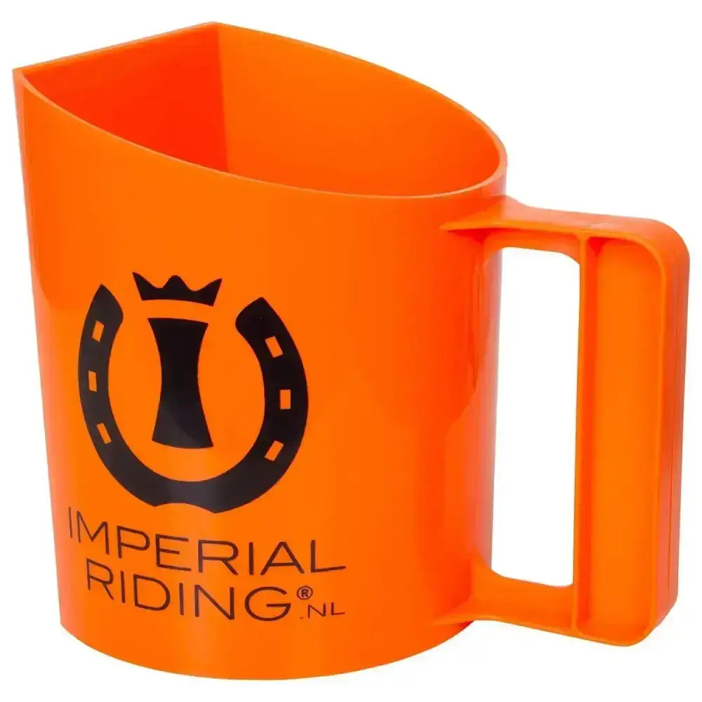 Bright orange plastic imperial riding feeding scoop with black horseshoe and crown logo for riding feeding use