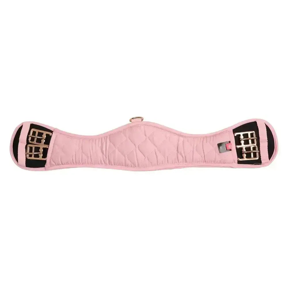 Pink quilted imperial riding girth irhgo star girth with black reinforced sections and silver metal buckles for dressage