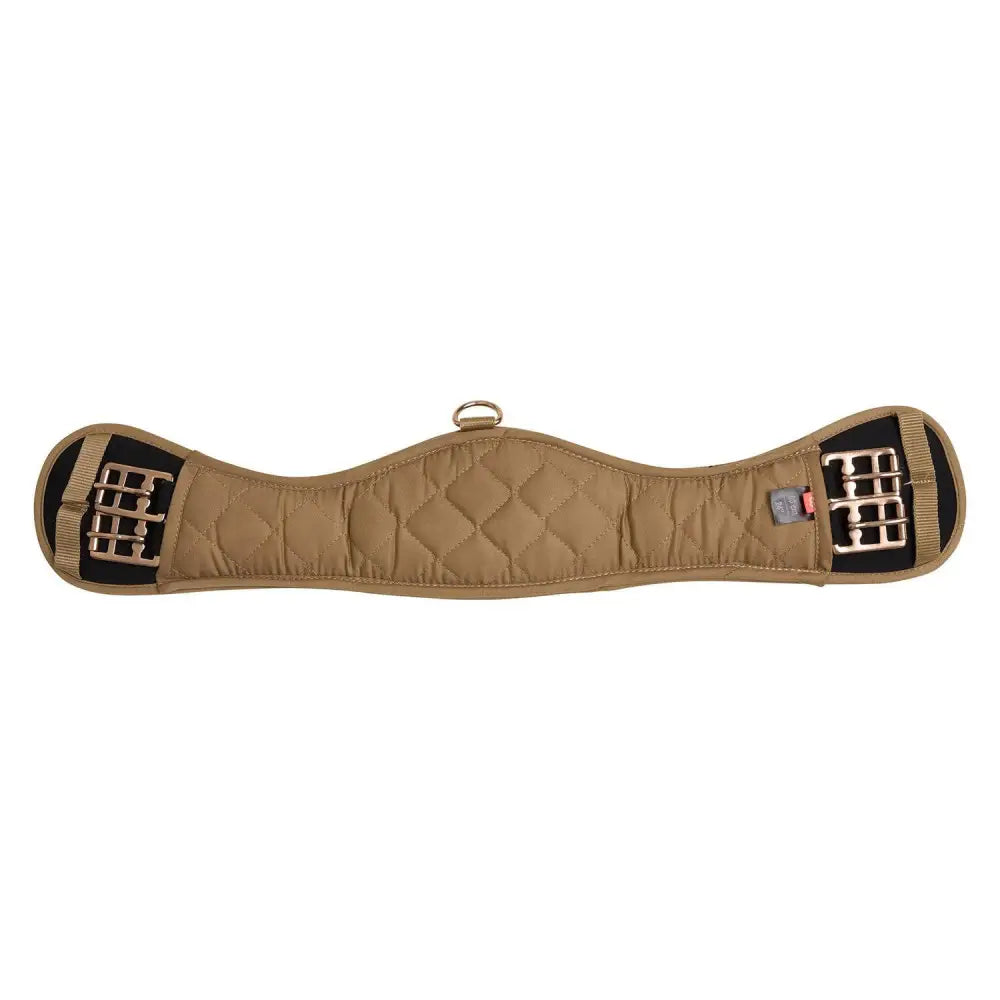 Tan quilted imperial riding girth with black reinforced metal buckles and central d-ring for webbed dressage girth use