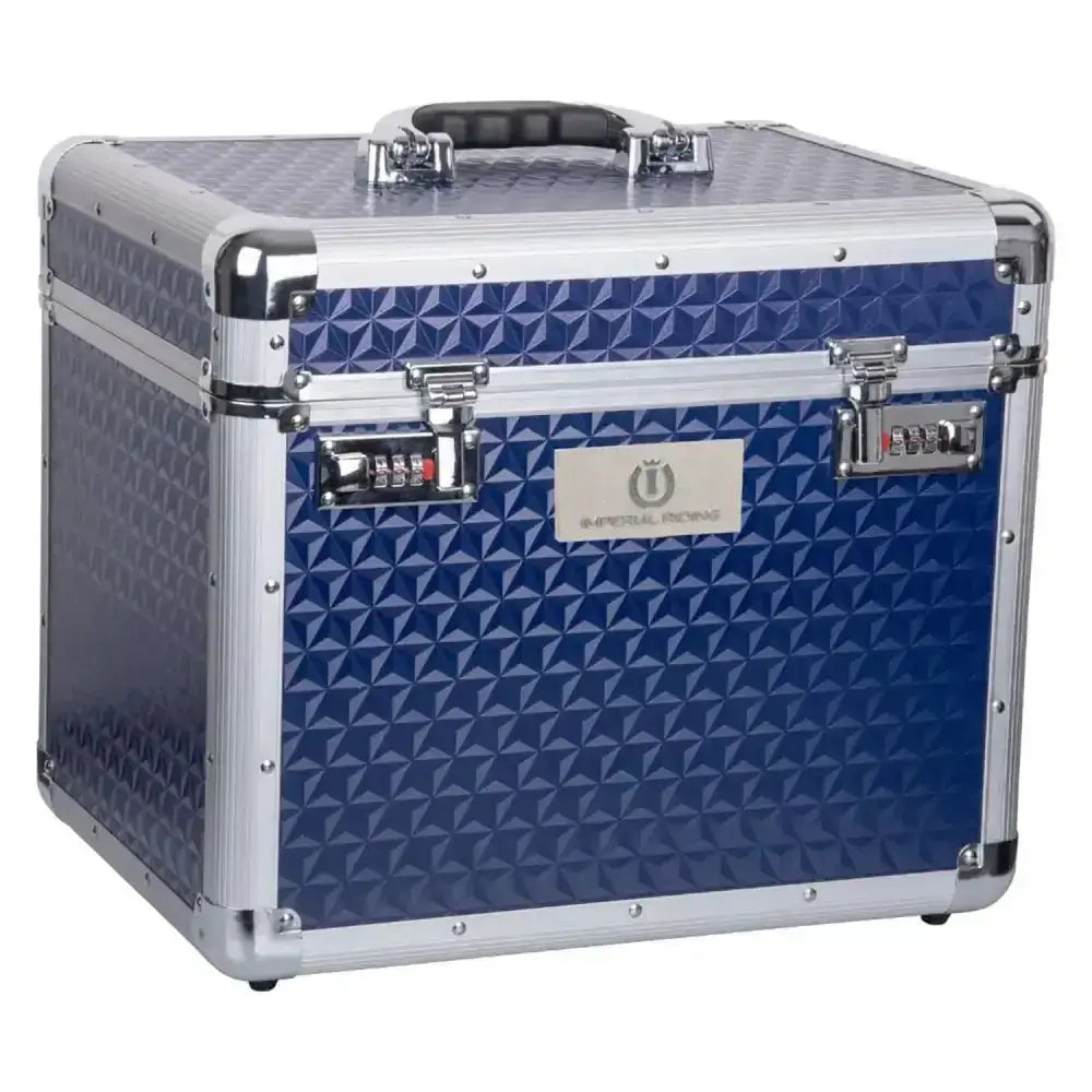 Blue geometric-patterned aluminum imperial riding grooming box irhshiny with silver trim and combination locks perfect beauty case