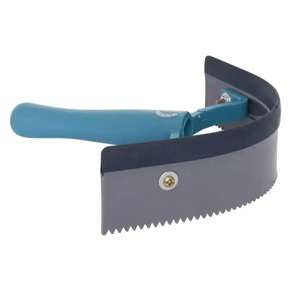 Blue-handled imperial riding half round sweat scraper plastic with gray serrated blade and black rubber edge for grooming