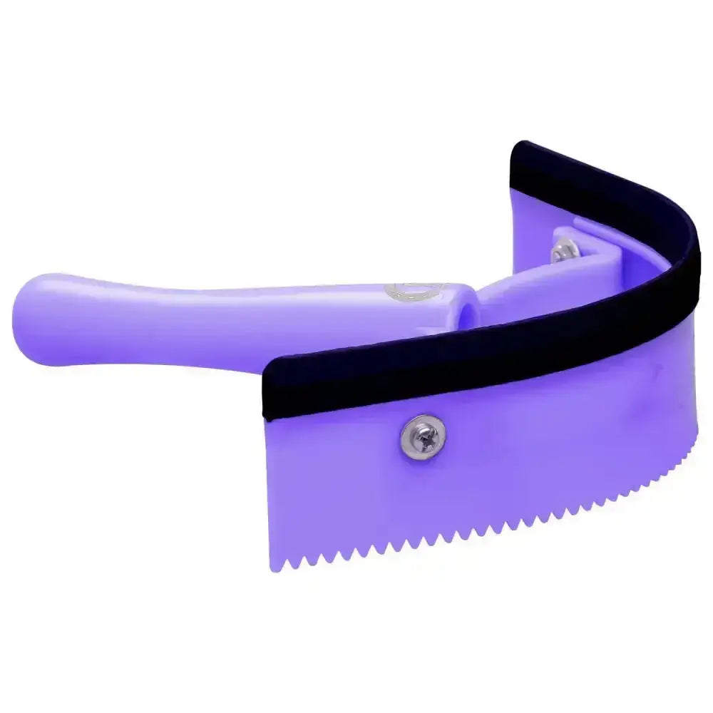 Purple plastic imperial riding half round sweat scraper with black rubber edge and serrated teeth for pet grooming