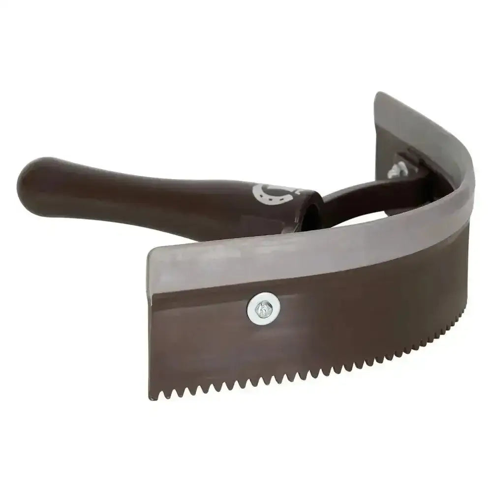Brown horse mane comb with curved serrated metal blade and wooden handle paired with imperial riding half round sweat scraper plastic