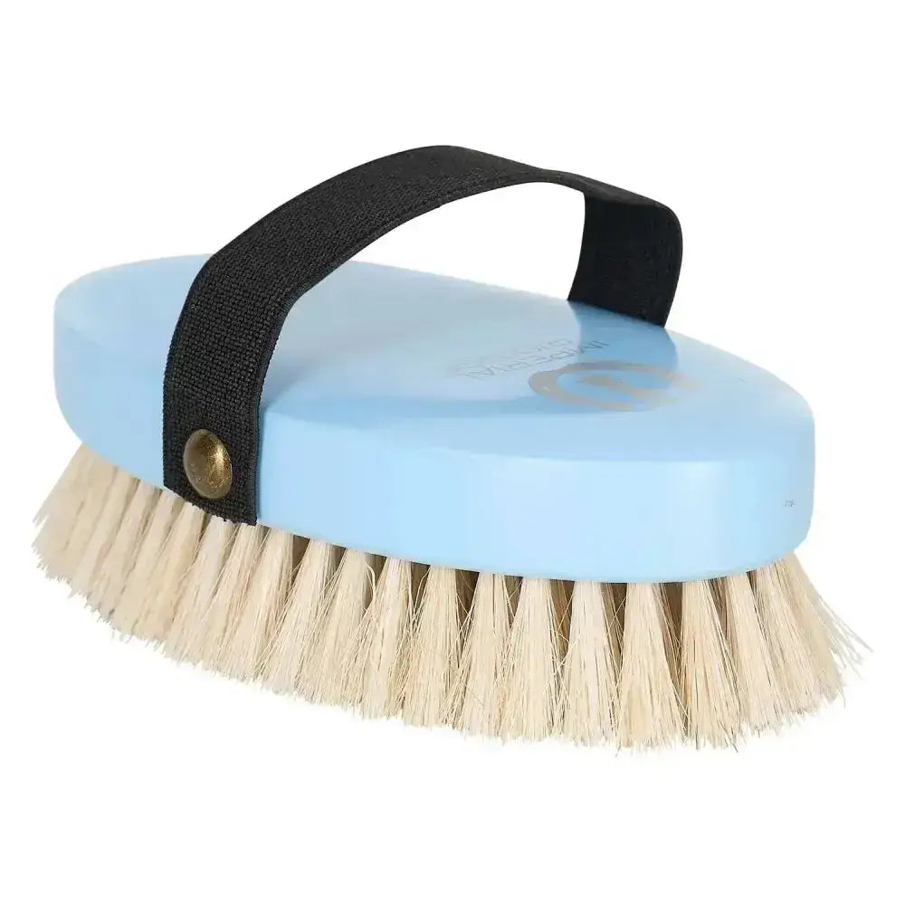 Imperial riding head brush with light blue oval body, natural beige horse hair bristles, and black fabric strap with brass button