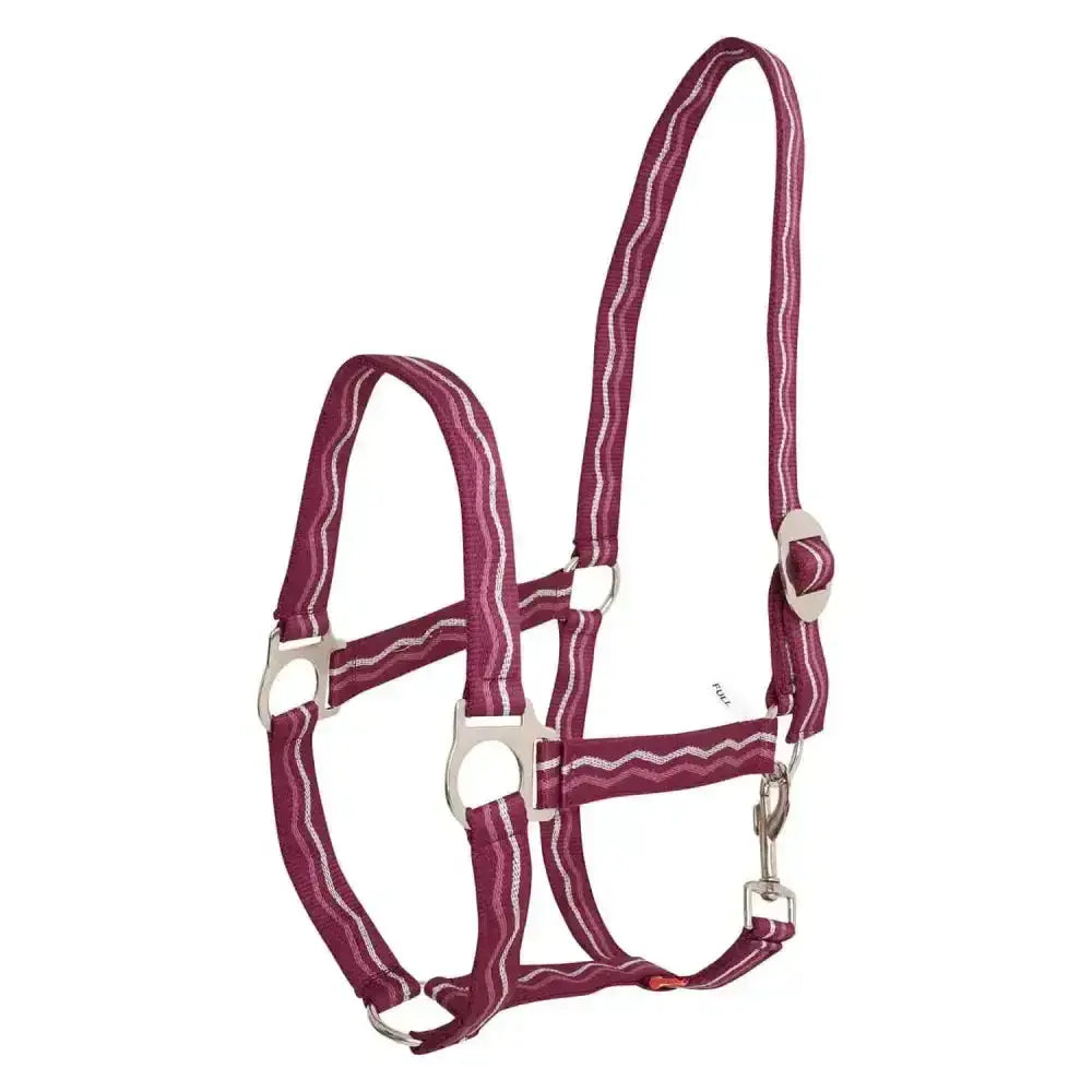 Maroon and white striped economic nylon halter with silver hardware from imperial riding headcollar collection