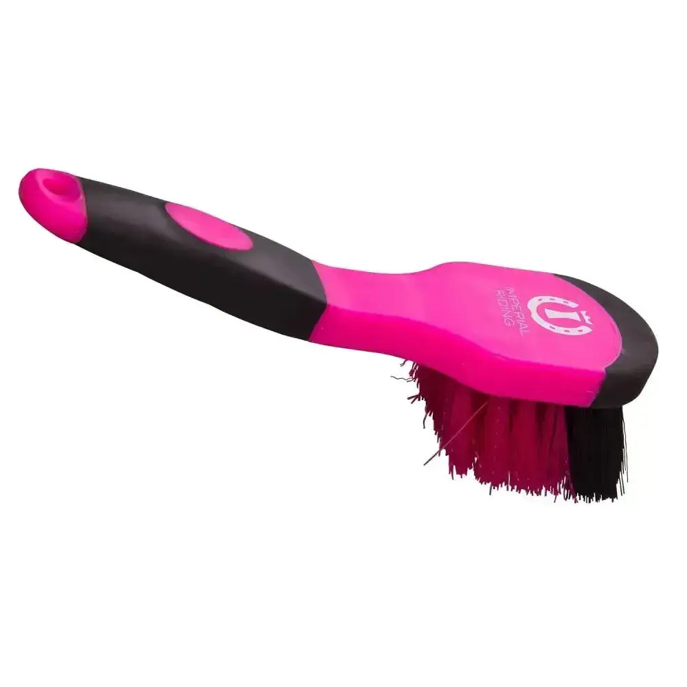 Bright pink and black imperial riding hoof brush irhgrip with ergonomic handle and dense bristles for easy cleaning