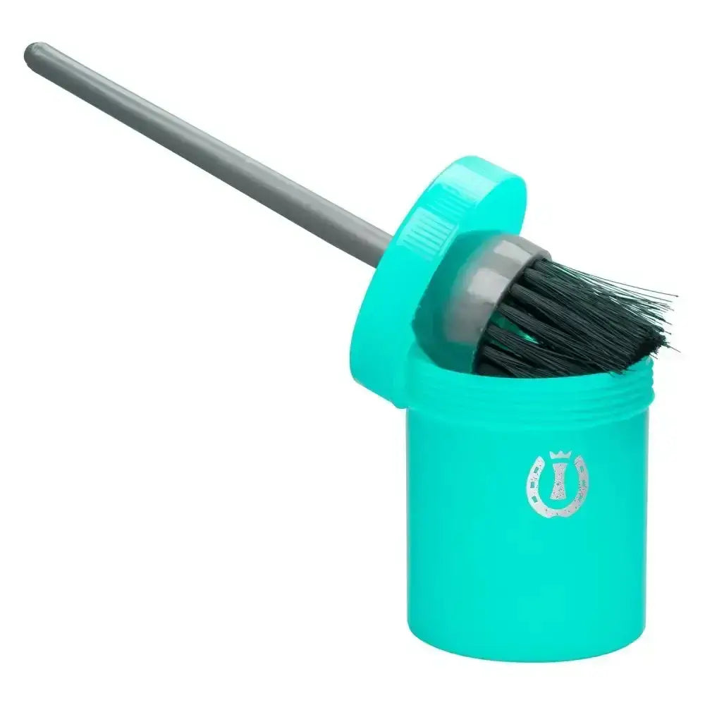 Turquoise imperial riding irhhoof oil brush holder with gray handle and black bristles for hoof care use