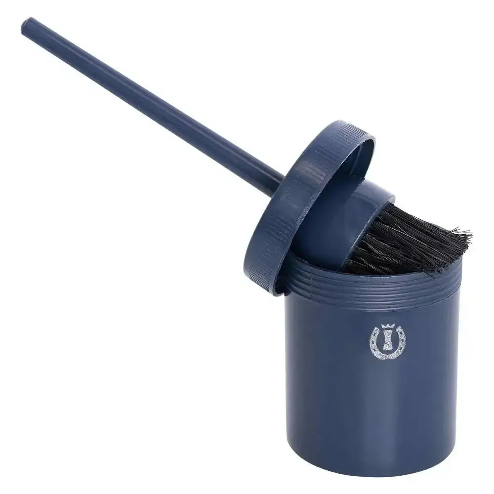 Navy blue plastic imperial riding irhhoof oil brush with black bristles in a matching cylindrical container