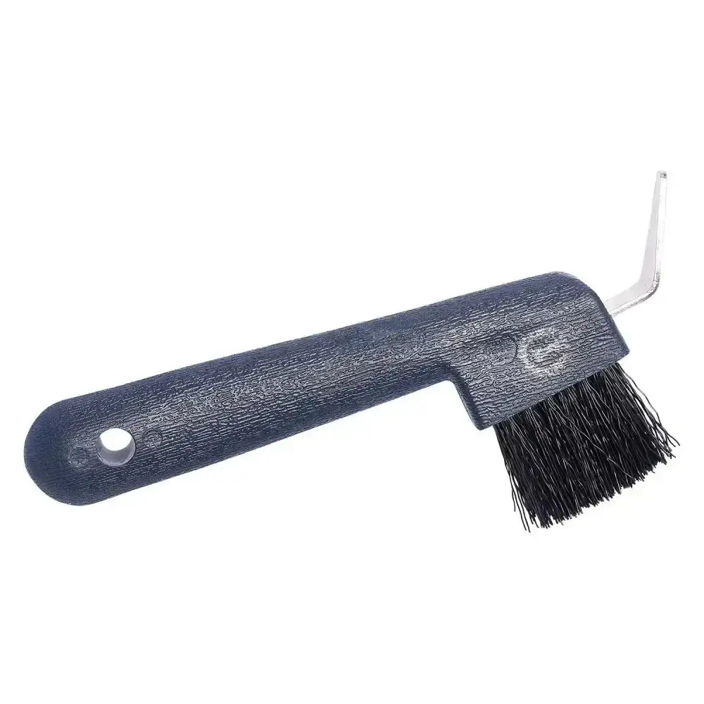 Black plastic-handled imperial riding hoof pick with dense black bristles and silver metal hook for grooming and cleaning