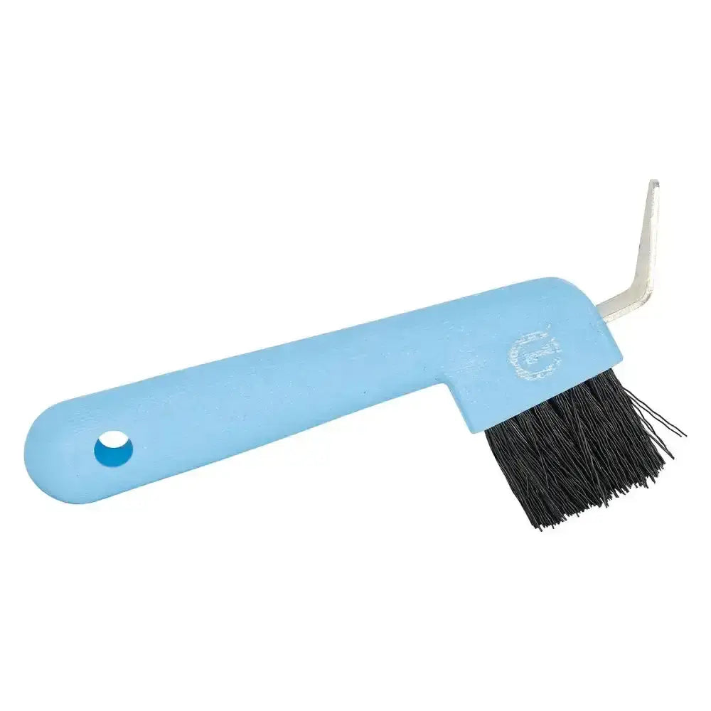 Imperial riding hoof pick with light blue plastic handle black bristles and metal hook for easy hoof cleaning