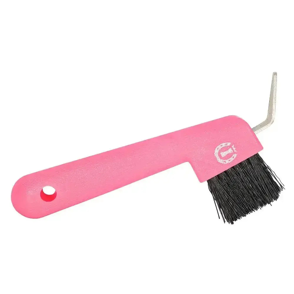 Pink plastic imperial riding hoof pick with black bristles and silver metal hook for easy use and cleaning horse hooves