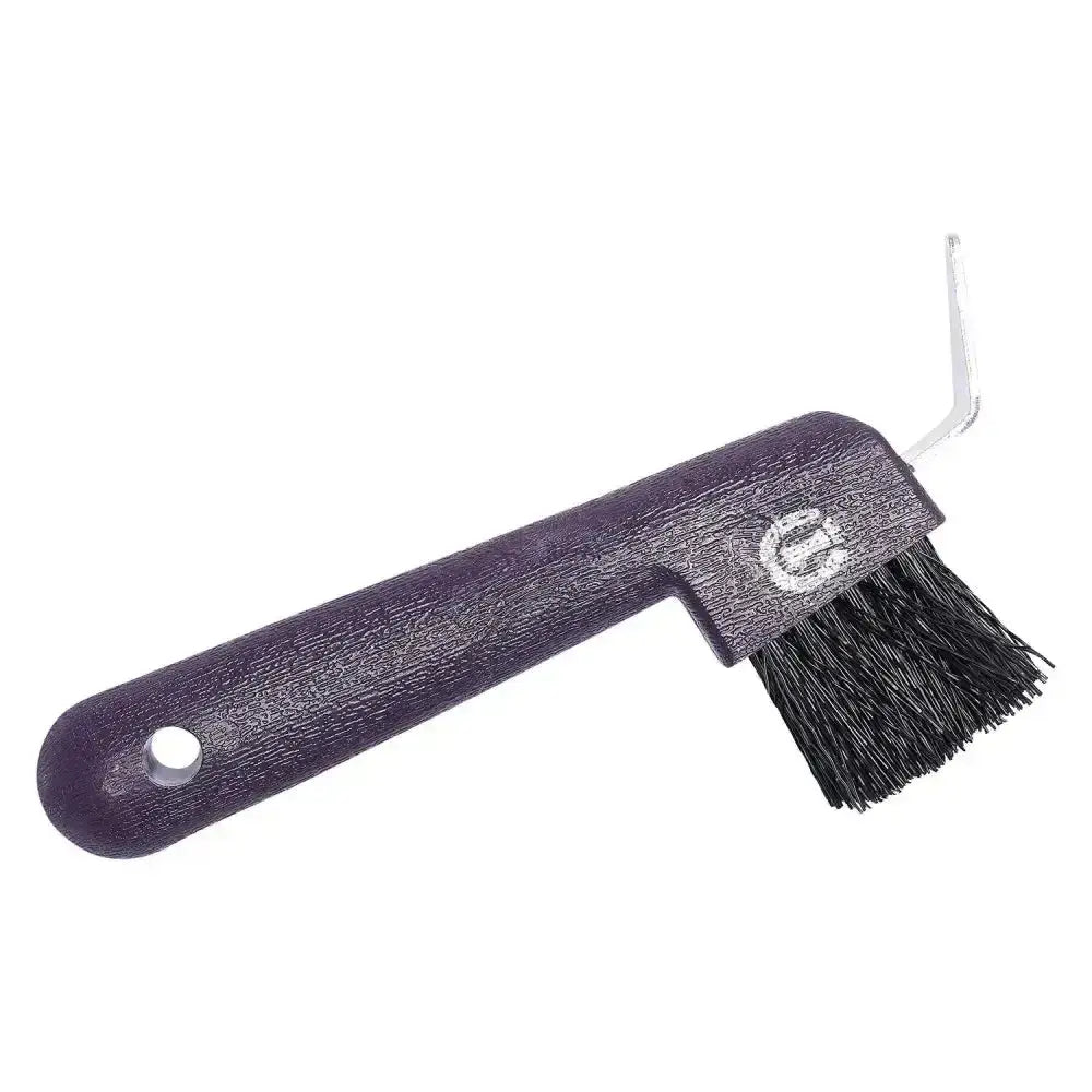 Imperial riding hoof pick with purple plastic handle black bristles and silver metal hook for easy cleaning