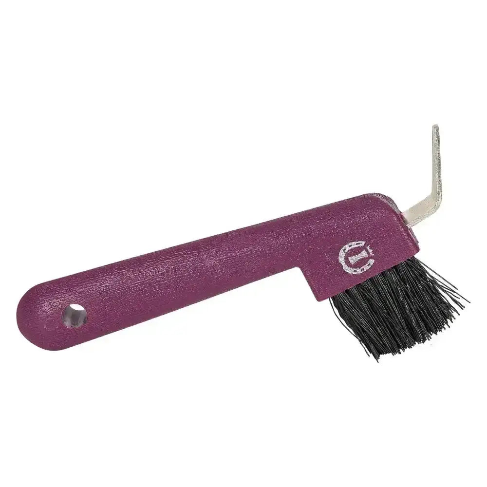 Purple plastic-handled imperial riding hoof pick with black bristles and silver metal hook for easy cleaning