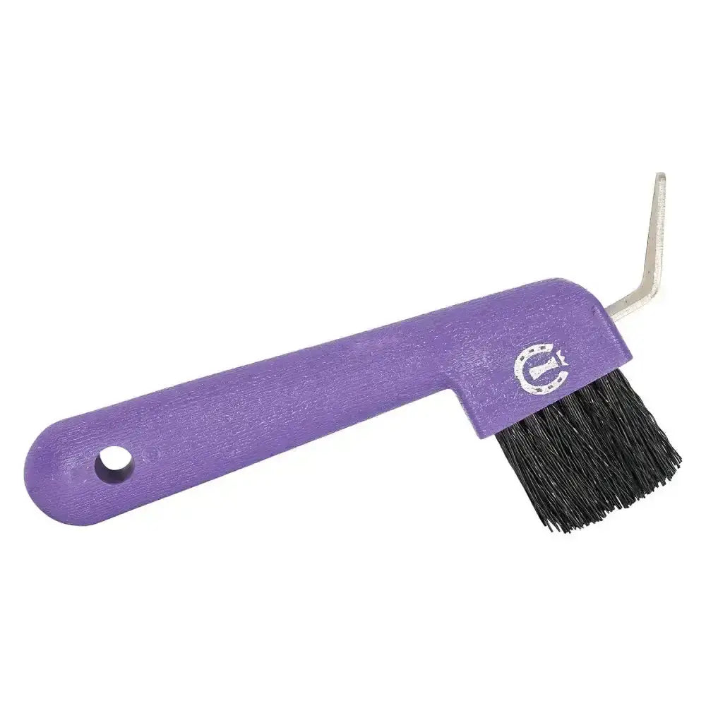Imperial riding hoof pick with purple plastic horse brush black bristles and silver metal hook attachment