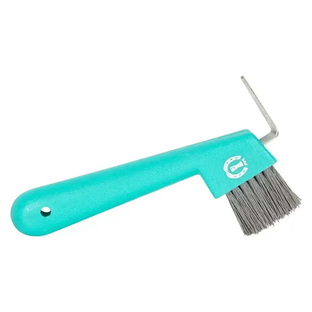 Imperial riding hoof pick with teal plastic handle metal bristles and integrated l shaped tool for grooming