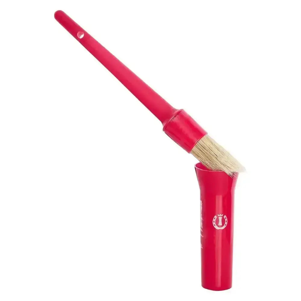 Imperial riding irhhoof oil brush small container with red plastic handle and natural bristles in red protective cap