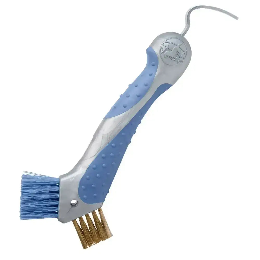 Imperial riding irhhoof pick scraper with blue and silver dual-sided brush and curved hook for easy hoof cleaning